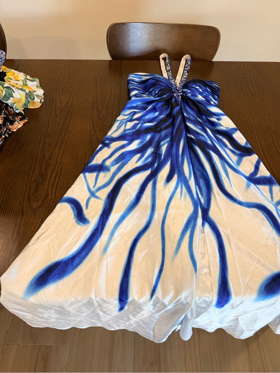 Cache Dresses & Skirts - Cache Blue White Beaded Formal Gown Prom Dress Size 6 Halter Butterfly Print